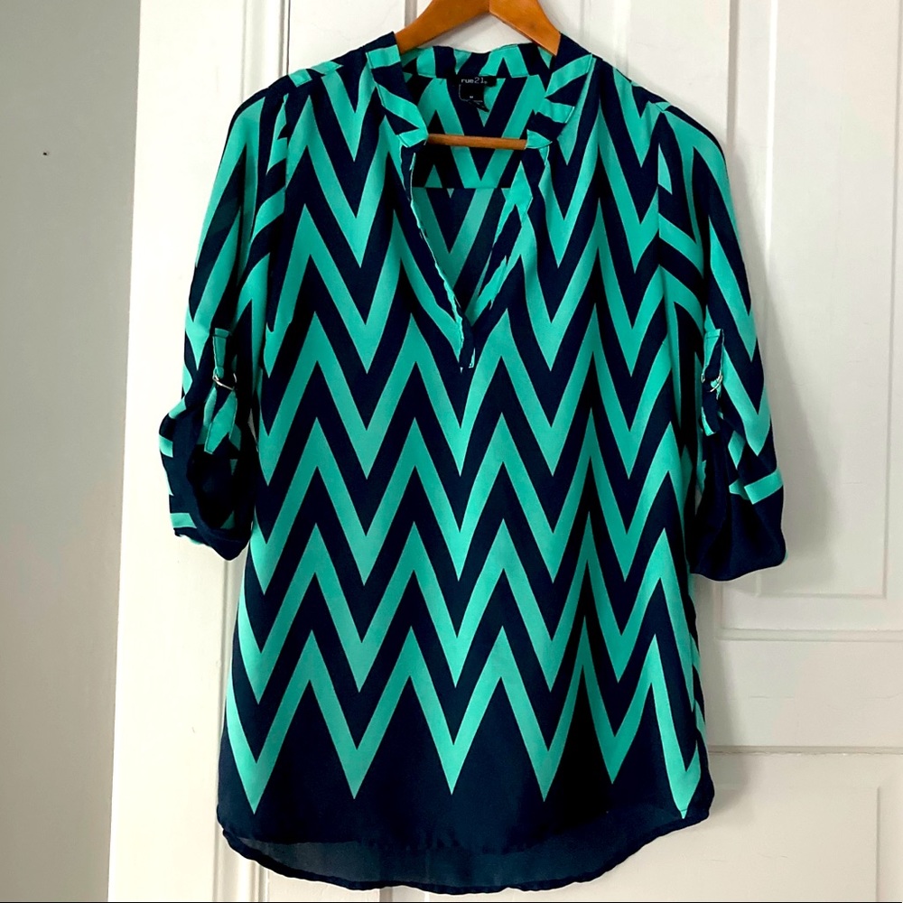 Turquoise/navy chevron blouse